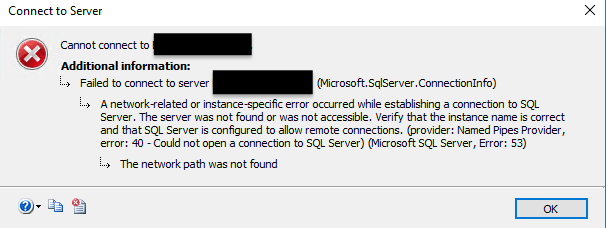 A network-related or instance-specific error occurred while establishing a connection to SQL Server. The server was not found or was not accessible. Verify that the instance name is correct and that SQL Server is configured to allow remote connections. The network path was not found.